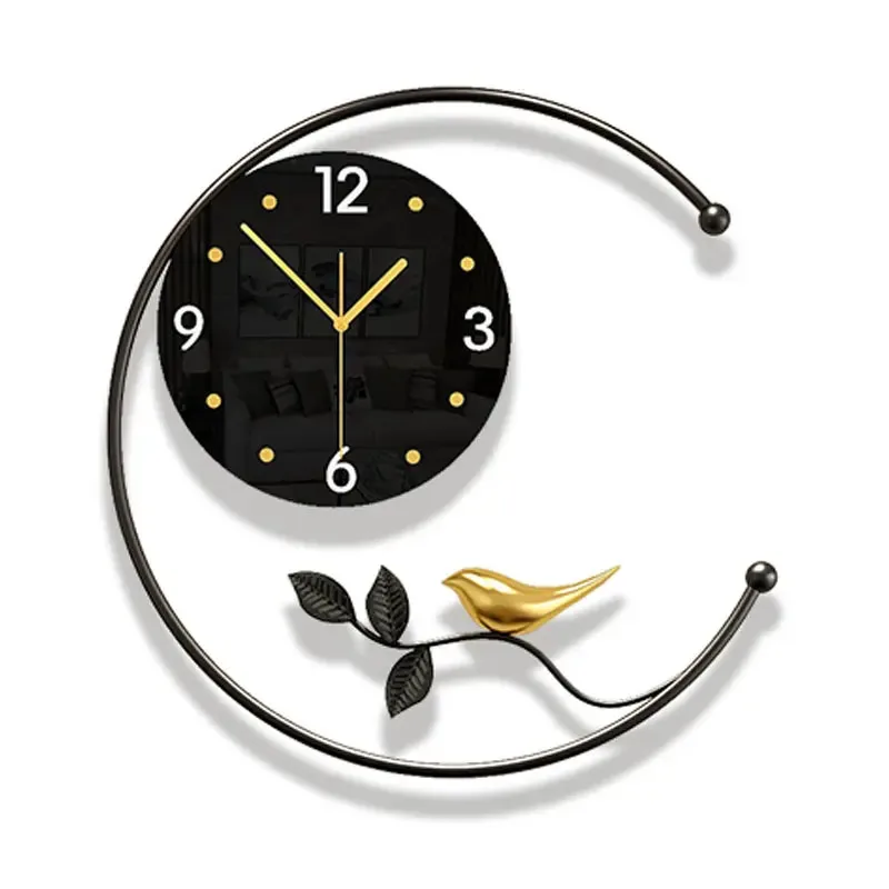 45*46cm Nordic Minimalist Round Shape Metal Wall Clock With Bird Home Decor Wall Hanging Clocks For Sale