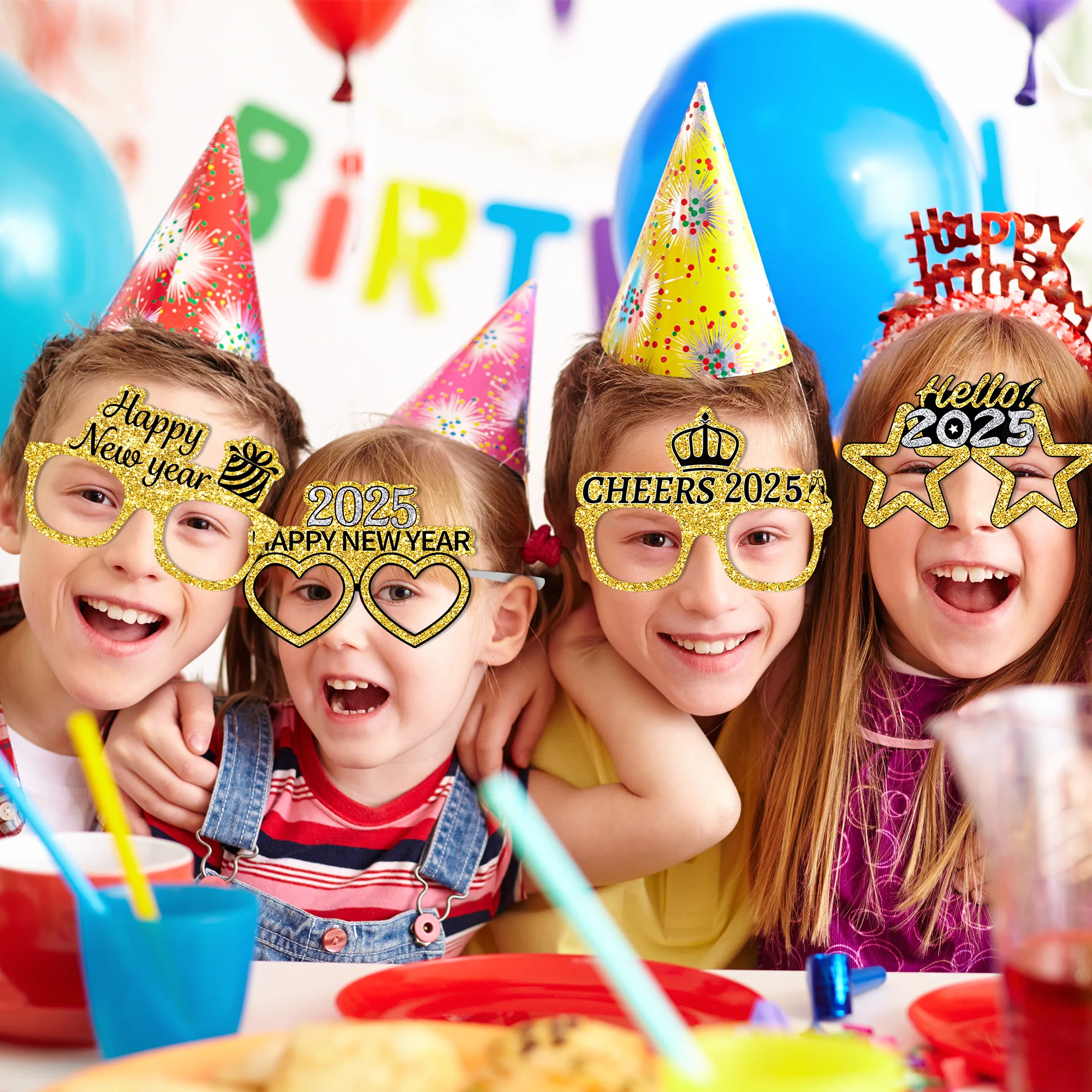 Huancai Hello 2025 New Year Party Eyeglasses Gold Silver Paper Glasses 12 PCS Sunglasses for Happy New Year Eve Party Supplies