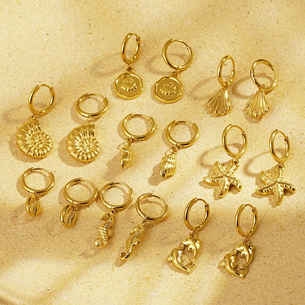 FY Fashion Jewelry Earrings Stainless Steel Summer Beach Holiday Shell Starfish Fish Turtle Seahorse  Drop Hoop Huggie Earrings