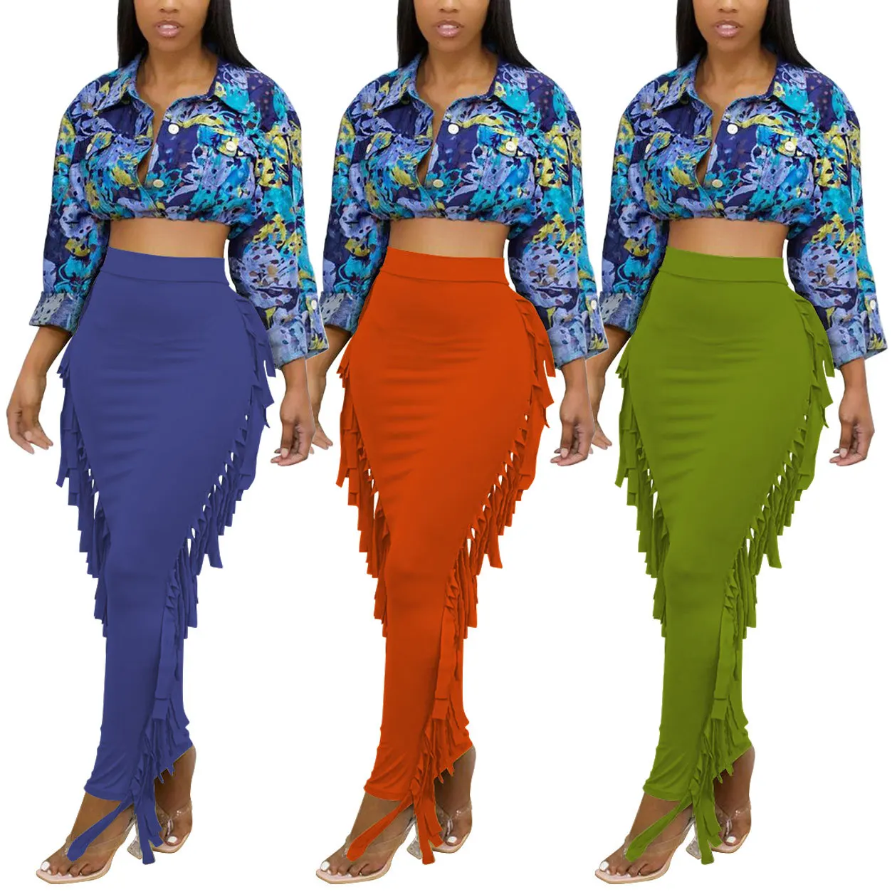  New Arrivals Fall Winter Fashionable Solid High Elastic Waist Tassel Skirt Women Long Maxi Skirts