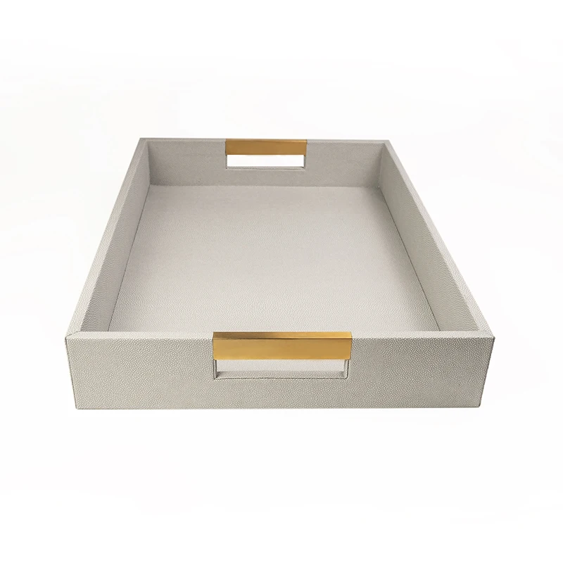 High-end Different PU color Leather Trays Hotel bathroom Leather Wood Rectangular Serving Tray with Short Metal Handle With SABER Certificate