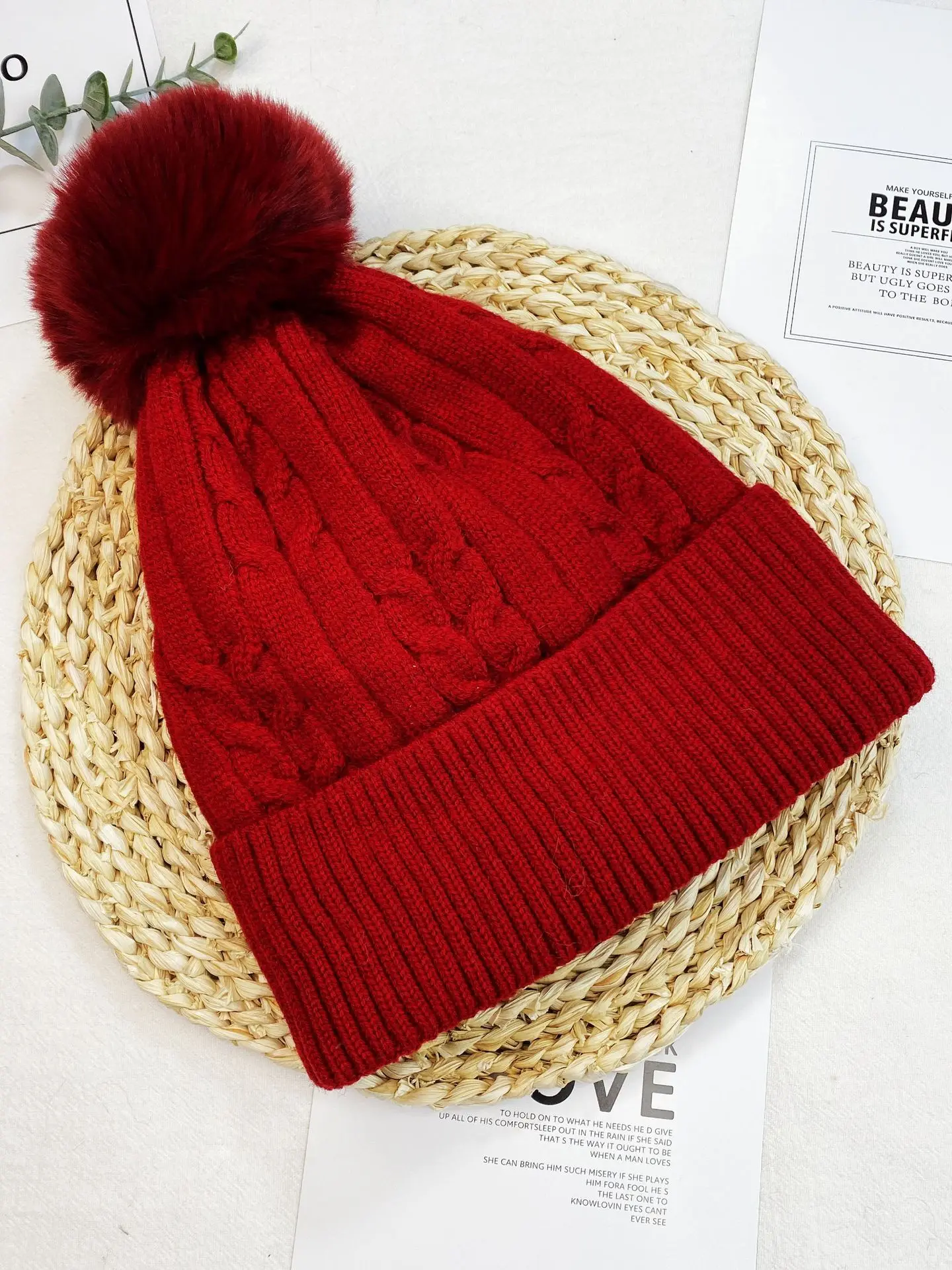 Wholesale Custom Knitted Beanie Warm Fleece Lining Women Cap Cable Faux Fur Pompom Winter Hat