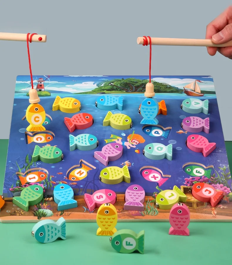 Baby Puzzle Board Teaching Aids Eco Friendly Educational Toys Set Fish Magnetic Wooden Fishing Toy Game