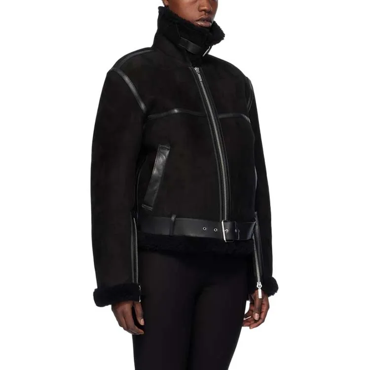 Black Leather Jacket Luxury oem custom fur jacket comfortable warm Lambskin suede jacket shearling trim 2023