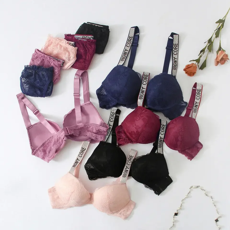 2024 Autumn New Sexy Gathered Bud Ribbon Diamond Sexy Bra and Panties Bra and Panty Set Cotton Woven Adults Picture Printed
