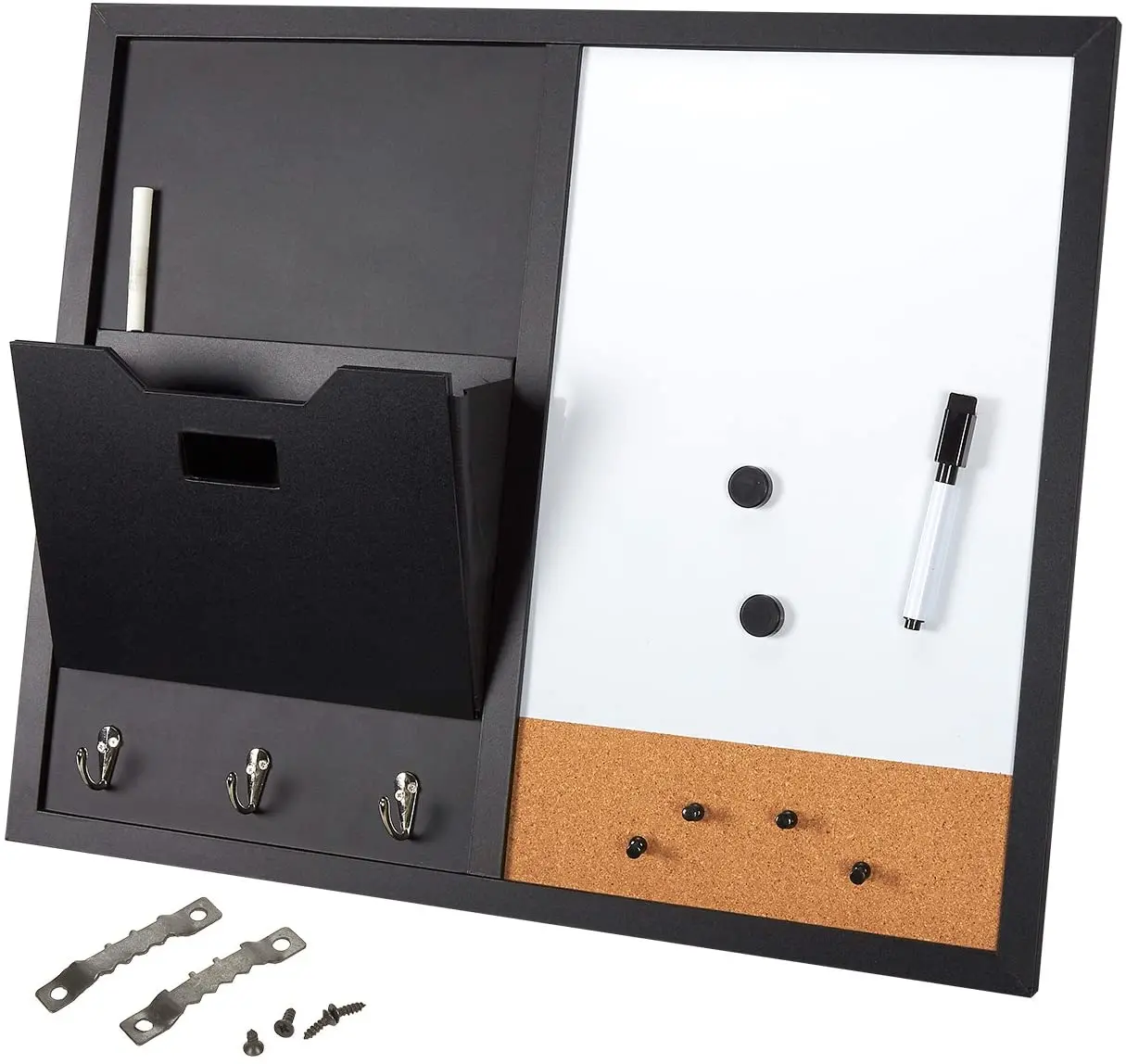 Message Center & Wall Mounted Organizer, with Whiteboard, Chalkboard, Mail Sorter, Cork Board, Key Hooks & Magnets