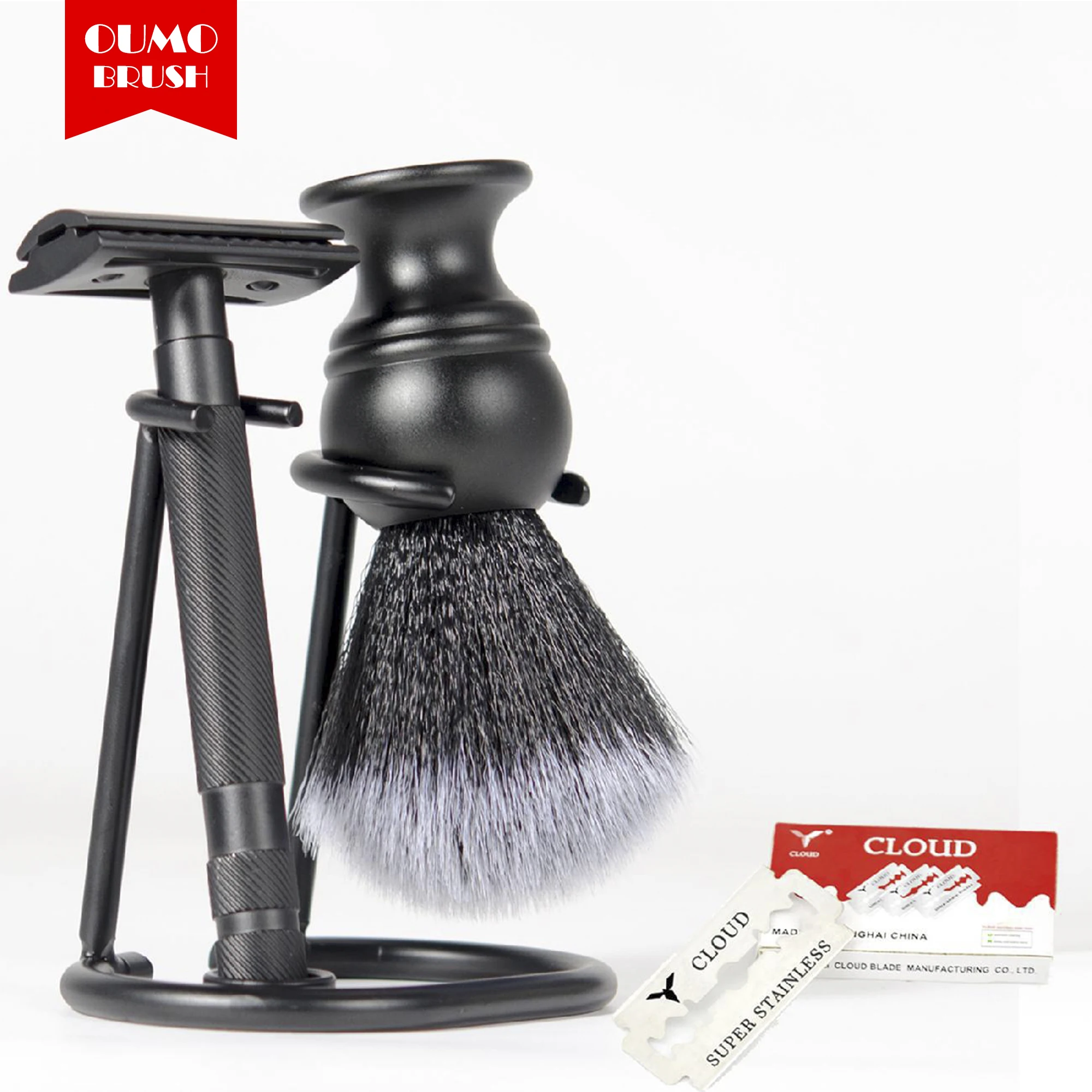OUMO BRUSH-High quality metal handle vintage razor shaving kit Nylon fiber Tuxedo synthetic shaving brush display stand