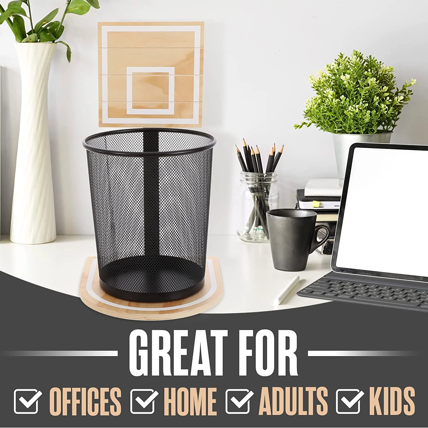 Indoor Office Black Metal Mesh Basketball Hoop trash Can Waste Paper Basket