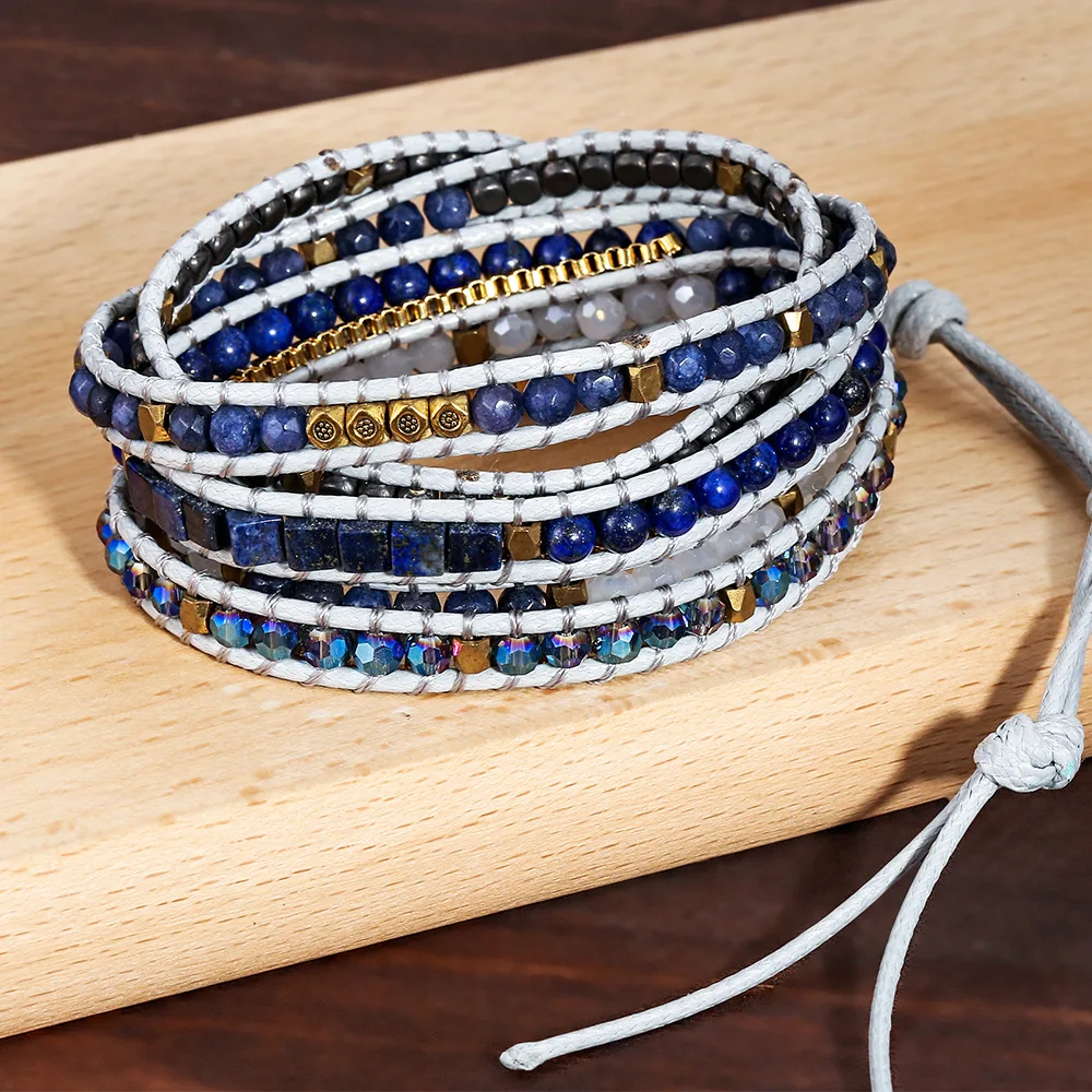 Exquisite Natural Stones Onyx Shell Beads 5 Layered Leather Wrap Bracelets Femme Boho Penta Cyclic Leather Wrap Bracelet
