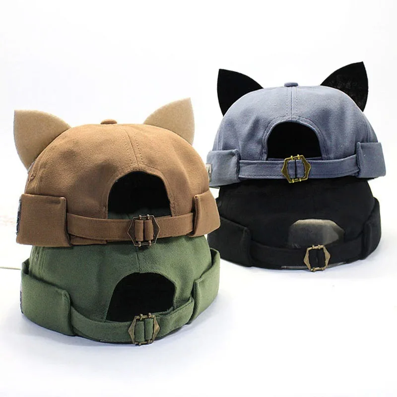 Fashion Cute Cat Ears Design Hats Women Cuff Retro Brimless Baseball Hat Men SkullCap