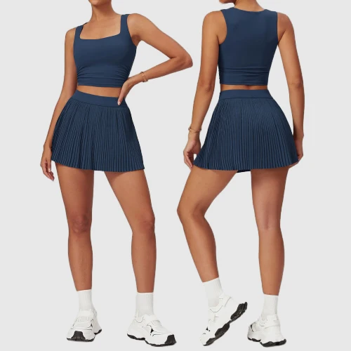 Tennis Outfits Women Skirt Sets 2 Piece Crossover High Waist Golf Athletic Skirts With Pockets Crop Tops Workout Set