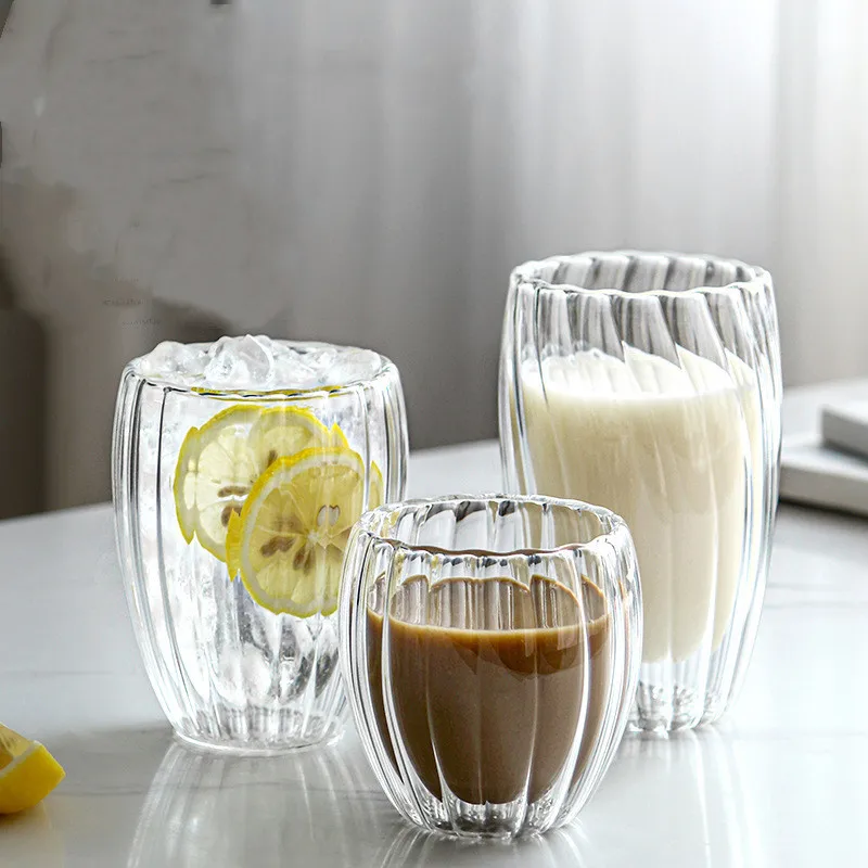 Wholesale 350ml 450ml High Borosilicate Ribbed Ice Coffee Tumbler Mug Double Walled Glass Cup