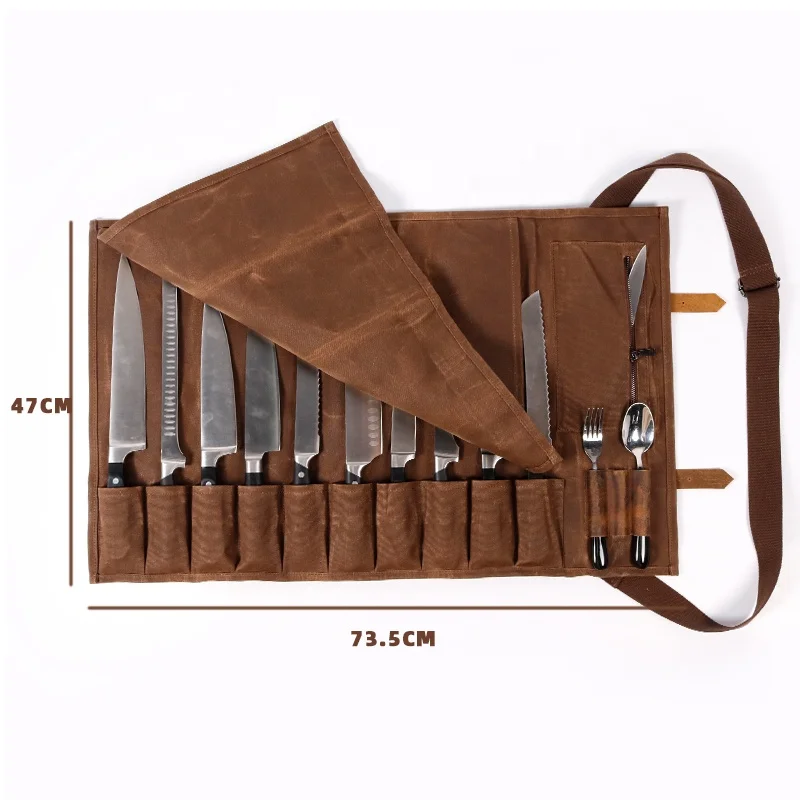 CHANGRONG Custom Professional HandMade Heavy Duty waxed Canvas Leather folding Chef cooking Knife bag
