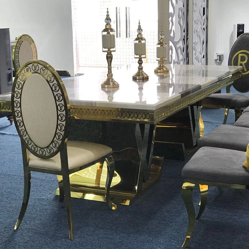 High End класса люкс стиль жизни visonnaire золотистыми латунными зубцами и обеденный стол из нержавеющей стали большой прямоугольник мраморный стол
