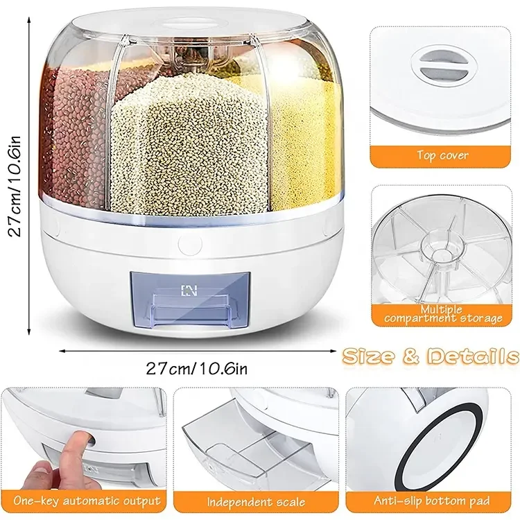 Rice Dispenser Kitchen Moisture-Proof 6-Grid Rotating Food Grain Dispenser Cereal Storage Box Rice Container Dispenser