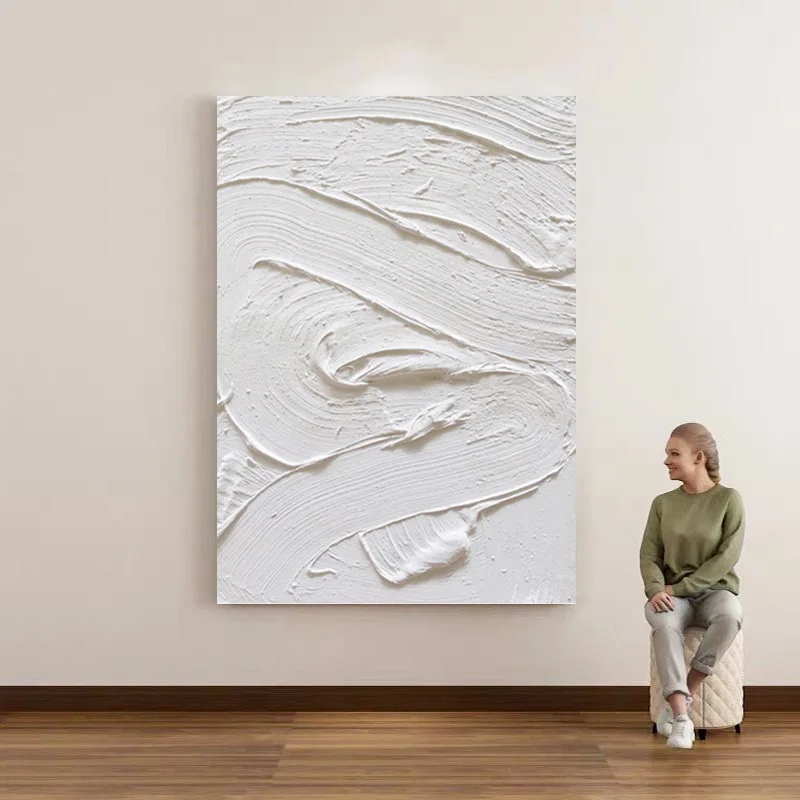 Large Modern Wall Art White Minimalist Abstract Oil Painting with 3D Texture Contemporary Design Style
