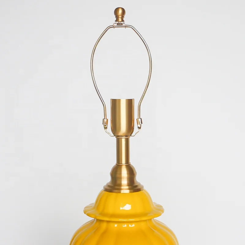 Chinese yellow temple jar ceramic table lamp with fabric shade hotel bedside table lamps decoration
