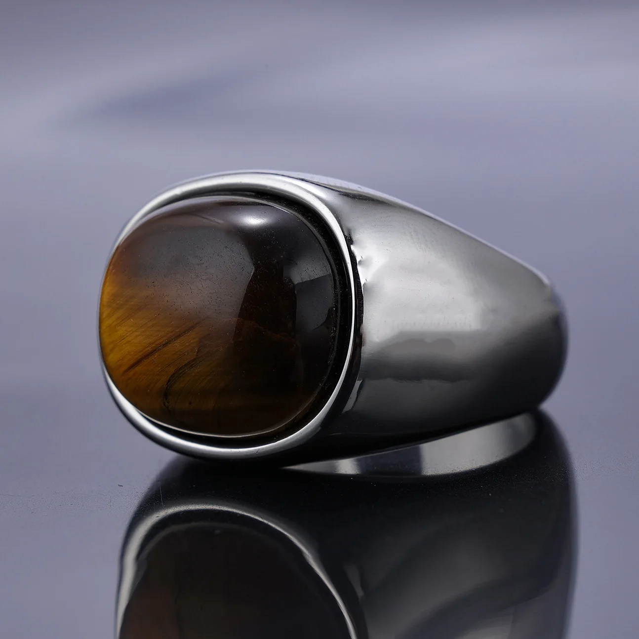 SC Wholesale Thick Mens Stainless Steel Rings High Grade Quality Minimalist Horizontal Oval Big Natural Stone Tiger Eye Ring