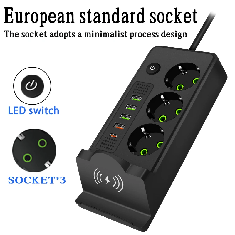 Wireless Charger Extension Socket 3 Way German Plug Adapter Schuko Type C Charging Electrical USB Power Board Outlet