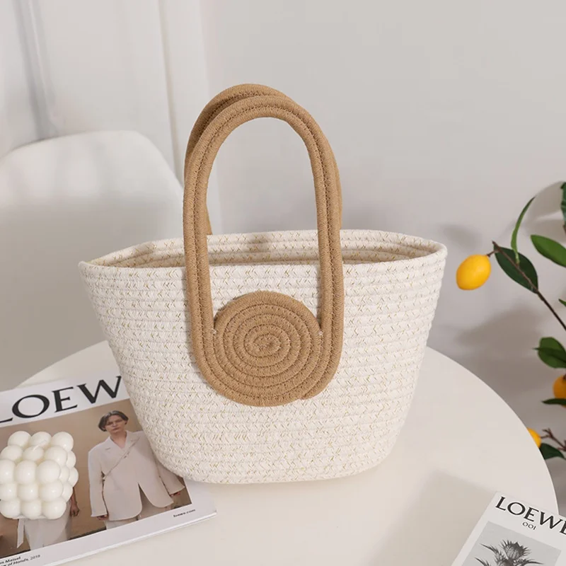 FSP115 New Stylish Multicolor Cotton Rope Woven Crochet Summer Beach Tote Handbag Portable Leisure Knitting Thread Storage Bag