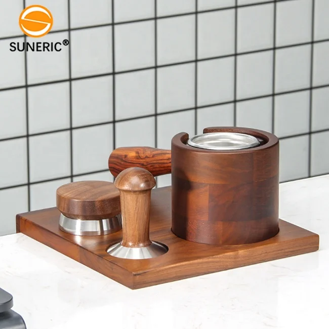 Barista 58 mm Walnut Wood Coffee Filter Holder Mat Rack Stand Set Custom Tamper And Portafilter Holder