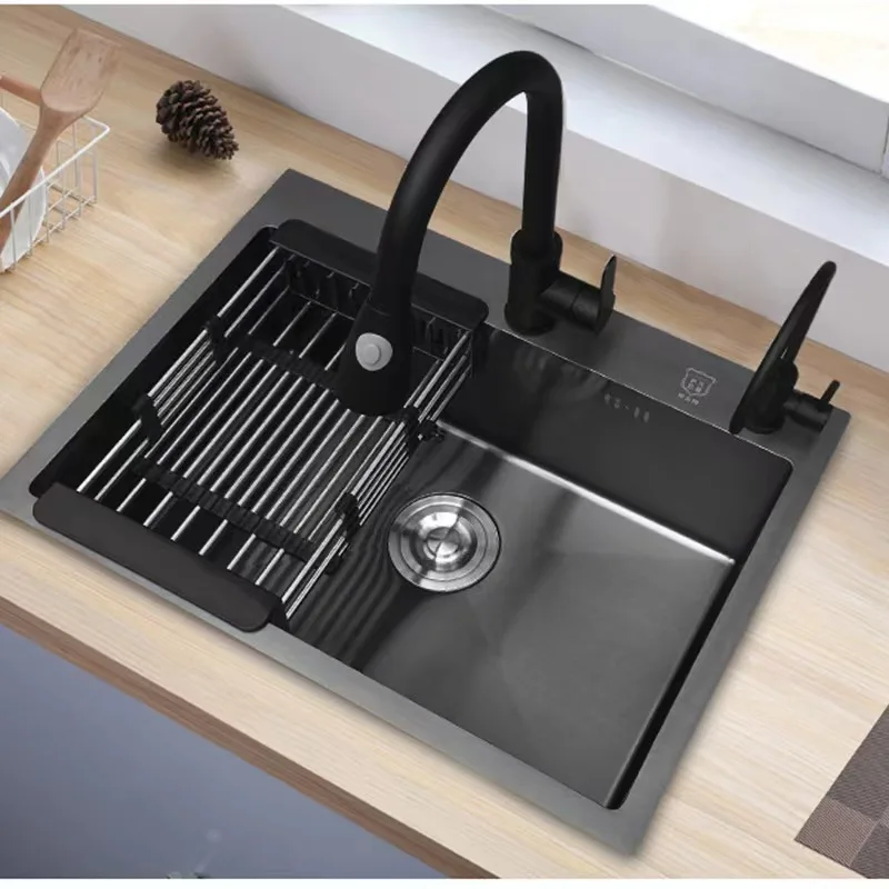 Factory Wholesale Luxury 304 Stainless Steel Single Basin Kitchen Sink Modern Black Nanomaterial Sink Durable Square Sink