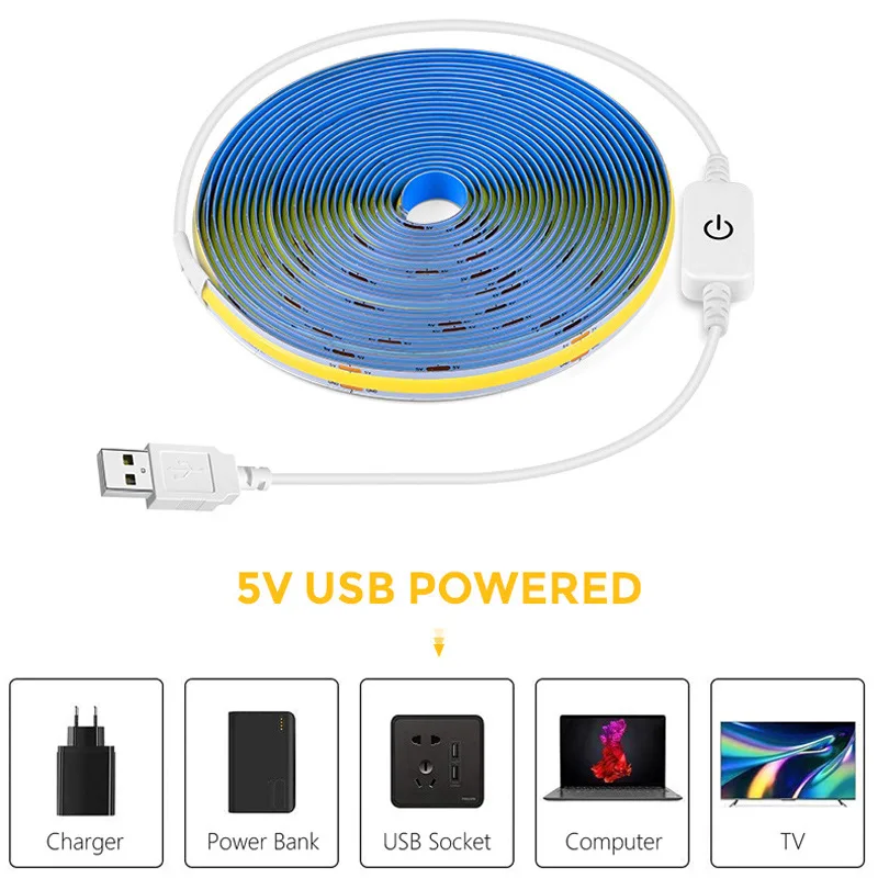 Touch Sensor Dimmable USB COB LED Strip Light 5V Ribbon Flexible Strip 320LEDs/M Night Lamp For Mirror Backlighting Decoration