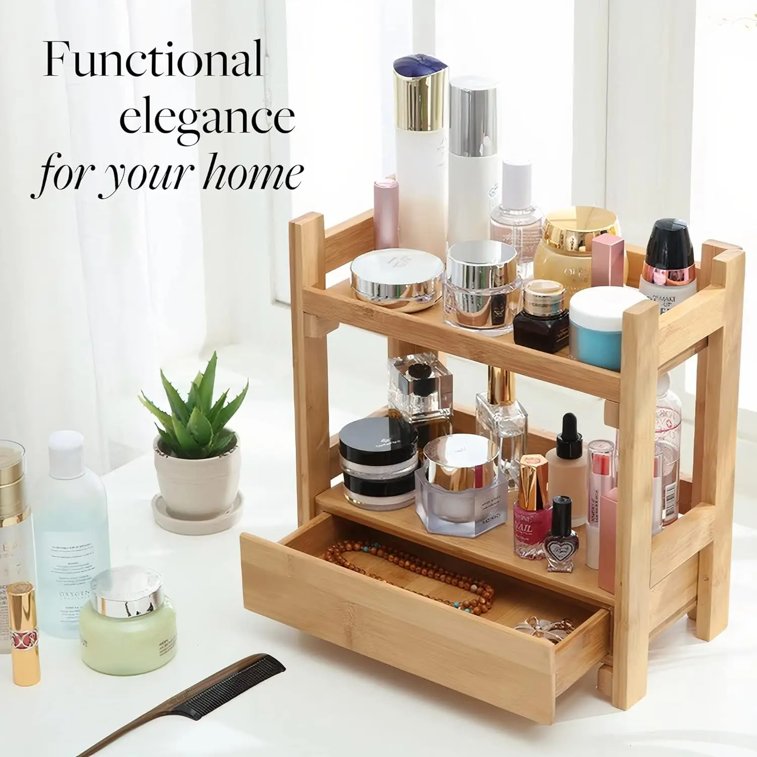 Bathroom Counter Organizer Shelf with Drawer Cosmetic and Vanity Perfume Storage Vanity Perfume and Cosmetic Organizer Shelf