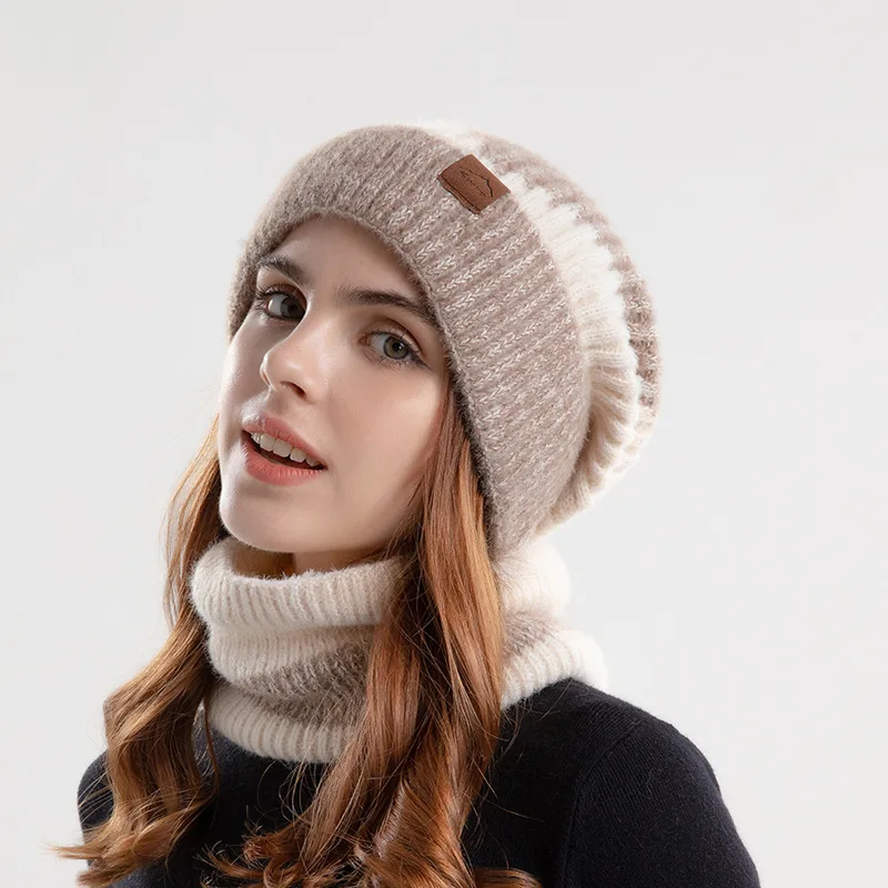 Women  Knitted Hat with Hand-Drawn Printing Neck Scarf Plaid Checkered Argyle Character Animation Patterns