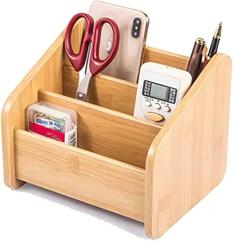 3-Compartment Office Desk Organizer Desk Organizer Bamboo Wood Phone Holder