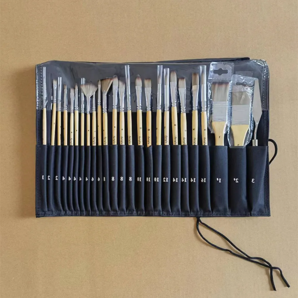 24 pieces paint brush set Expert enhanced Synthetic Brush with Cloth Roll and Palette Knife for Acrylic, Oil, Watercolor gouache