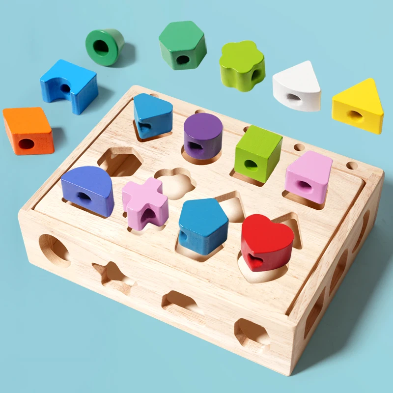 Toddlers Wooden Sorting Matching Blocks Box Toy Threading Geometry Blocks Colorful Stacking Blocks Educational Toys