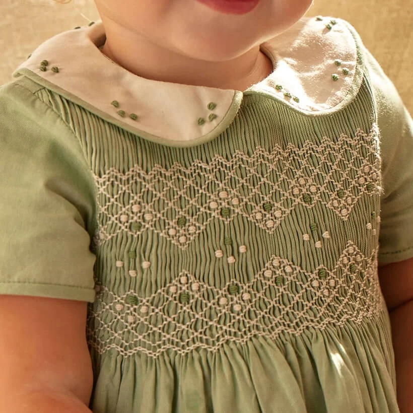 Custom Cotton Hand Smocked Baby Clothes Boutique Embroidery Short Sleeve Toddler Jumpsuit Peter Pan Collar Kids Romper Girl