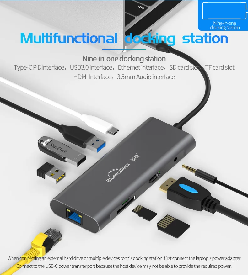  Новейшая многофункциональная док-станция 9 в 1 Usb 3 0 Тип C Pd хаб Ethernet тонкий Hub Hd mi 4K Lector De