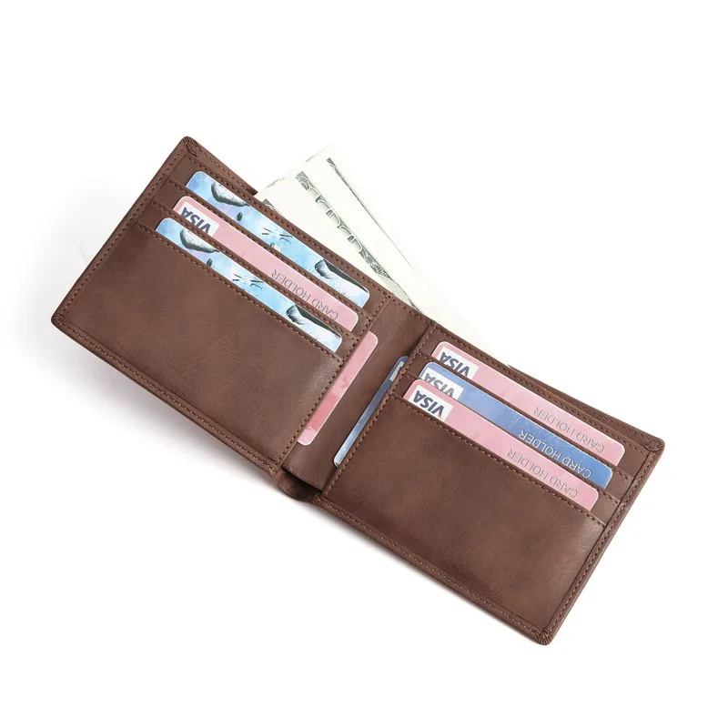 Custom Print Embossed Men Genuine Leather Brown Engraved Leather Creit Card Holder Gift Front Pocket Wallet