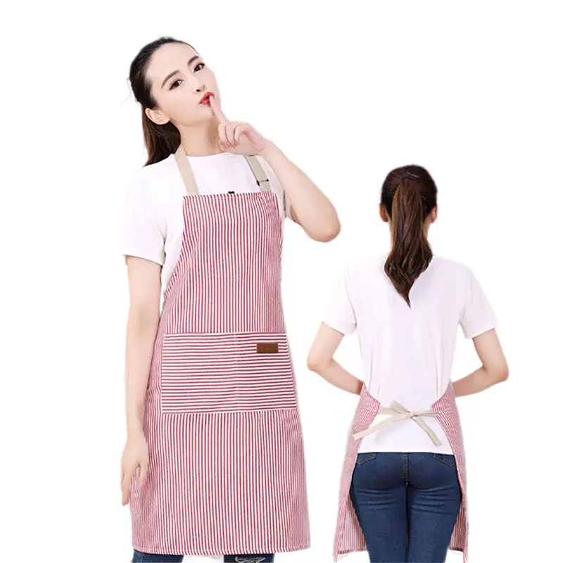 Logo Custom Wholesale Unisex Cooking Bib with 2 Pockets Vintage Ticking Stripe Pattern Red White Bakers Apron