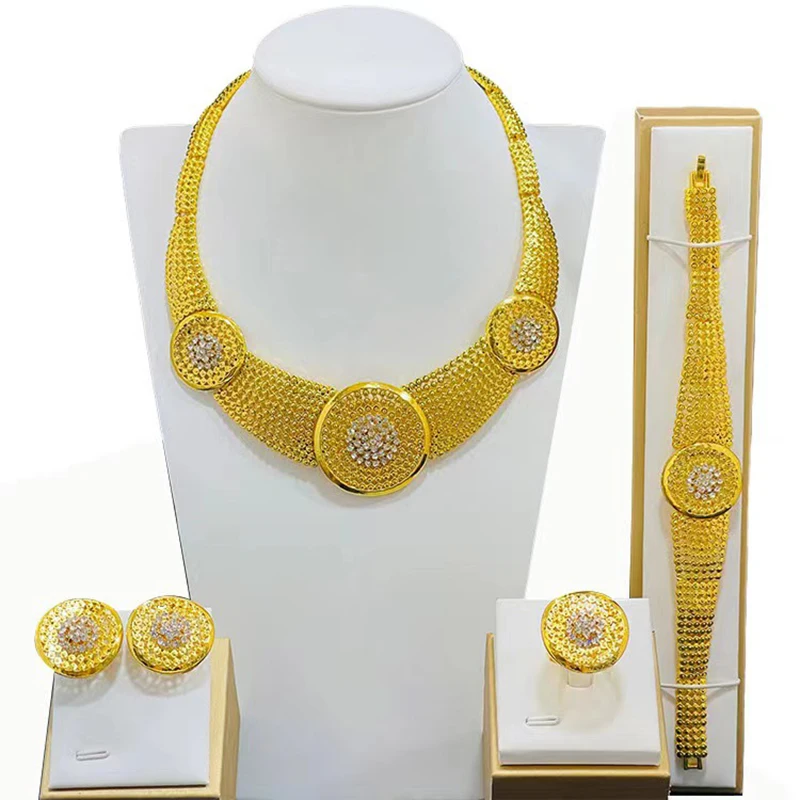 Wholesale Dubai 24K Gold Ornament Jewelry Suit Necklace Earring Bracelet Ring Indian Four-Piece Set for Women