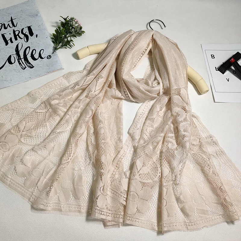 
Lace Silk Scarf Head Scarf Muslim Ladies Scarf Thin Solid Color Hollow Gauze Travel Sunscreen Shawl 
