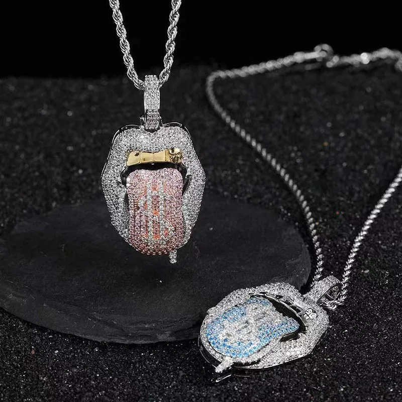 Hot Sale New Bling Hip Hop Men Women Rapper Tennis Twist Chain Iced Out Cz Dollar Lip Pendant Necklace