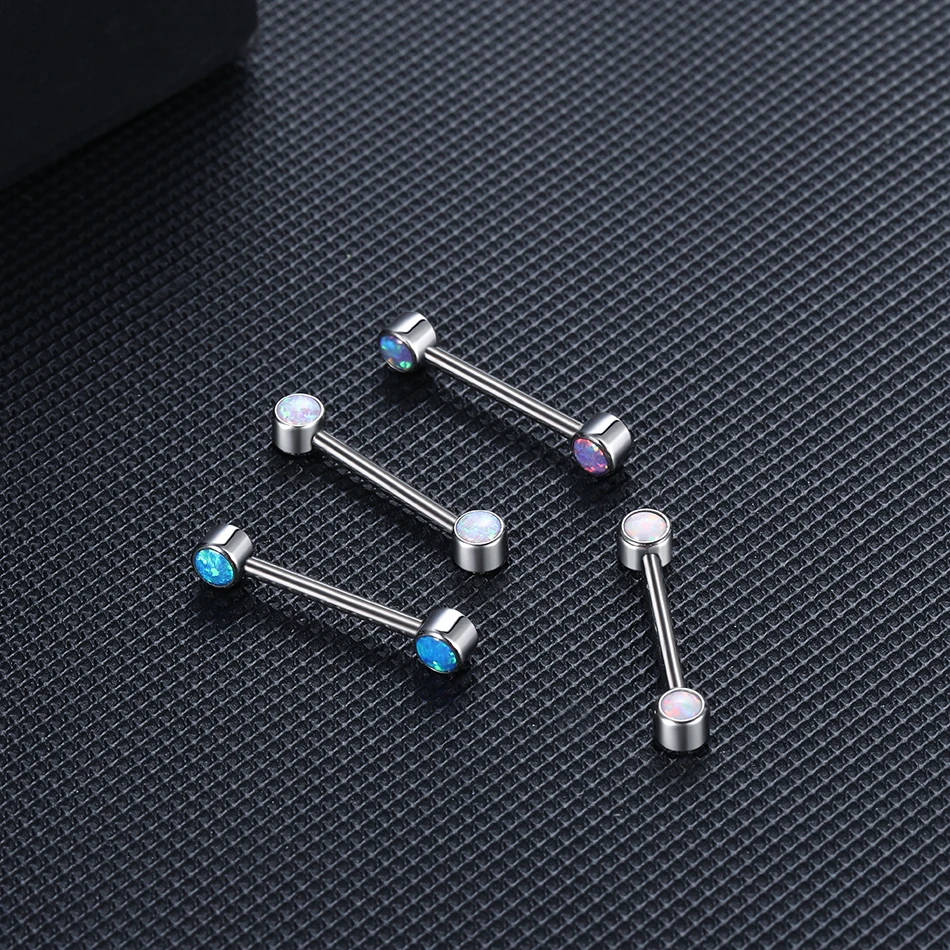 G23 Titanium Internally Thread Opal Nipple Barbell Rings Piercing CZ Tongue Bars Industrial Helix Stud Piercing Jewelry