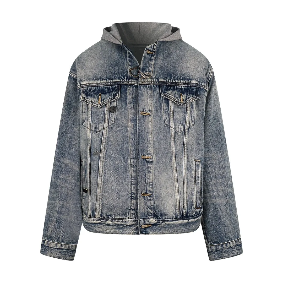 AFTX47 quality casual outdoor jacket two piece hoodies new style hem denim jackets with hood