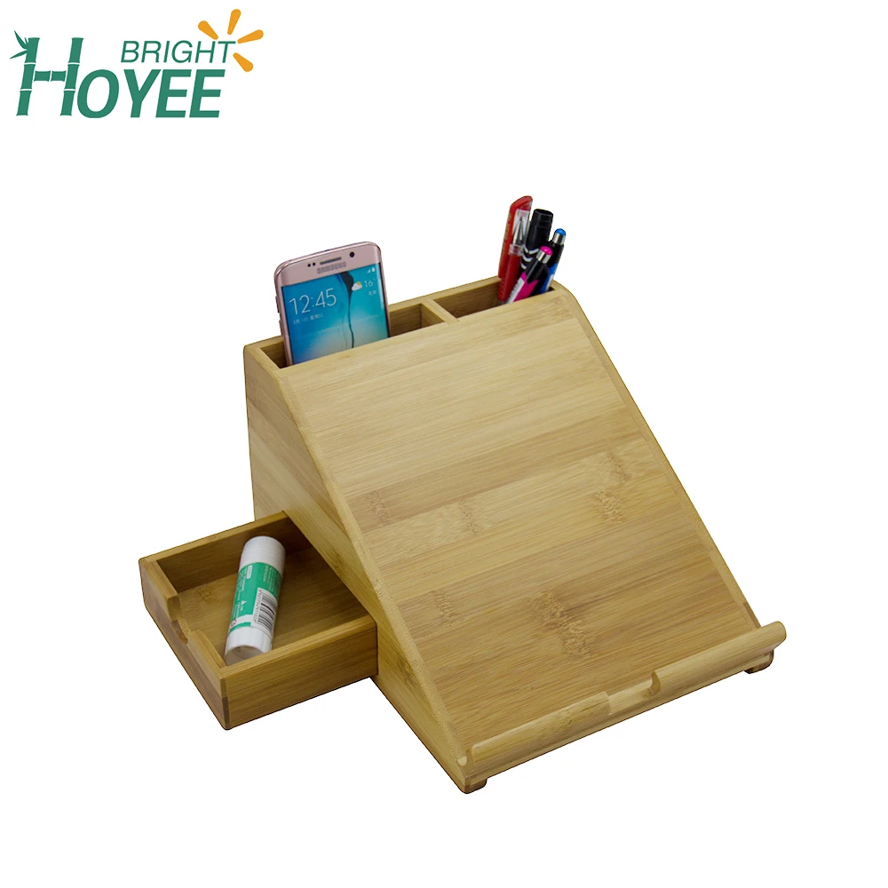 Портативный настольный офисный бамбуковый Настольный органайзер, держатель для ручек и книг с выдвижным ящиком