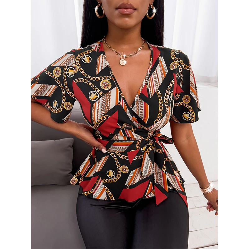 2022 new collection deep v neck short sleeve mature women printing slim bow flared hemline sexy blouse tops