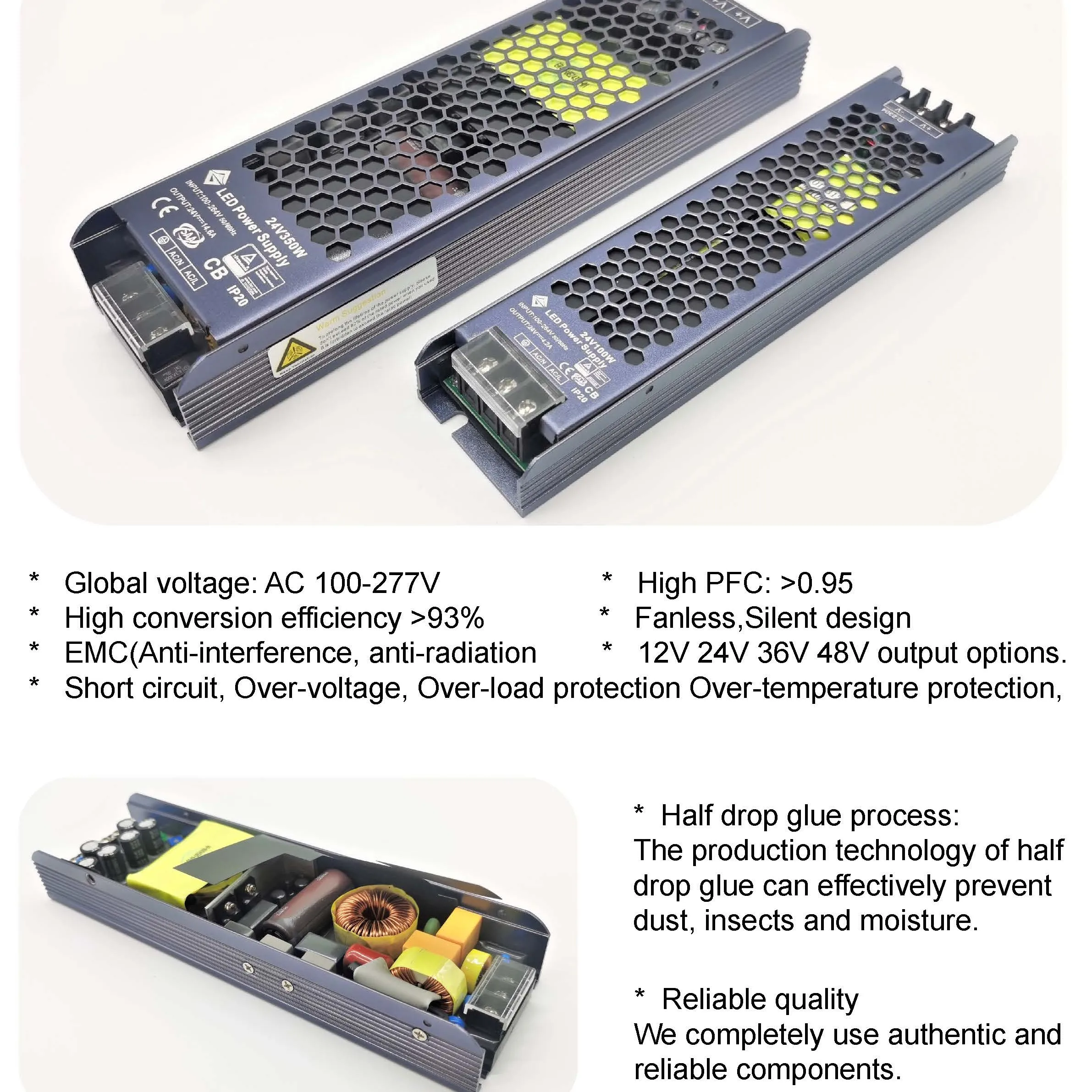 Hot Sales High PFC>0.95 12V 24V 36V 48V 60W 100W 250W 350W 500W led driver