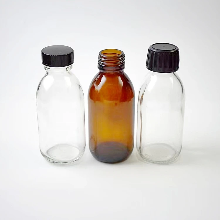 Wholesale 30ml-500ml cosmetic clear amber  round glass bottle for liquid medicine