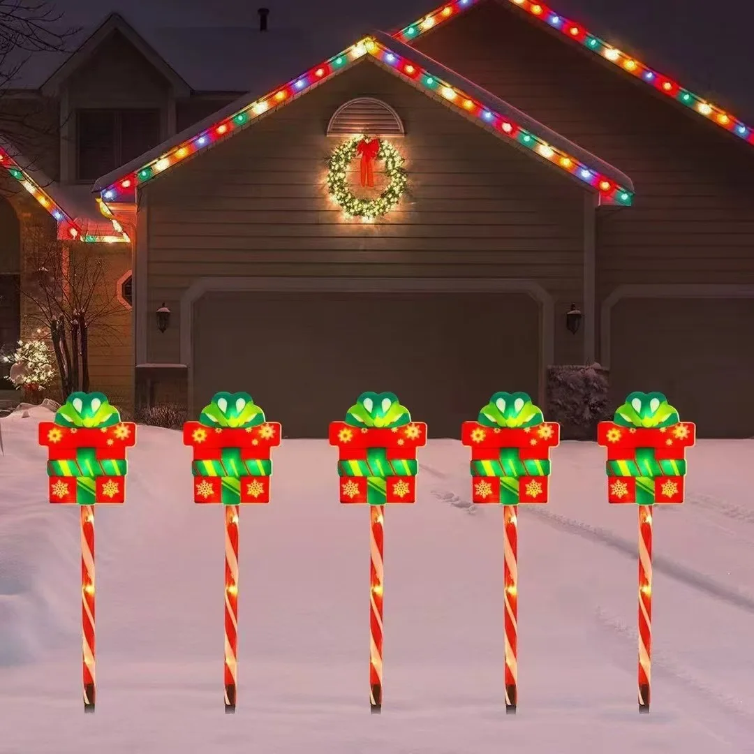 Led Solar Christmas  5in1 12 in 1 Strawberry Snowflake Candy Cane Stake Light For Garden Park Lawn Landscape Holiday Party Decor