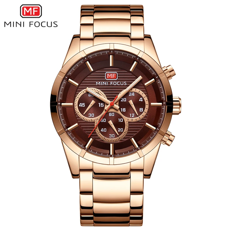 mini focus 0170 custom alloy chronograph quartz watch cheap China wholesale rose gold plated stainless steel chain wrist watch