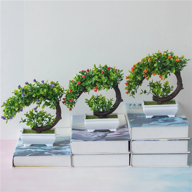 Hongying Plants Bonsai Tree Artificial Rose Plastic Greenery Potted for Wholesale