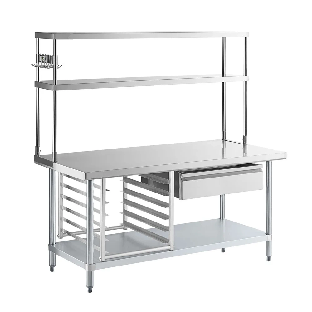 Commercial Restaurant Bakery Work Table Stainless Steel Prep Table with Double Overshelf