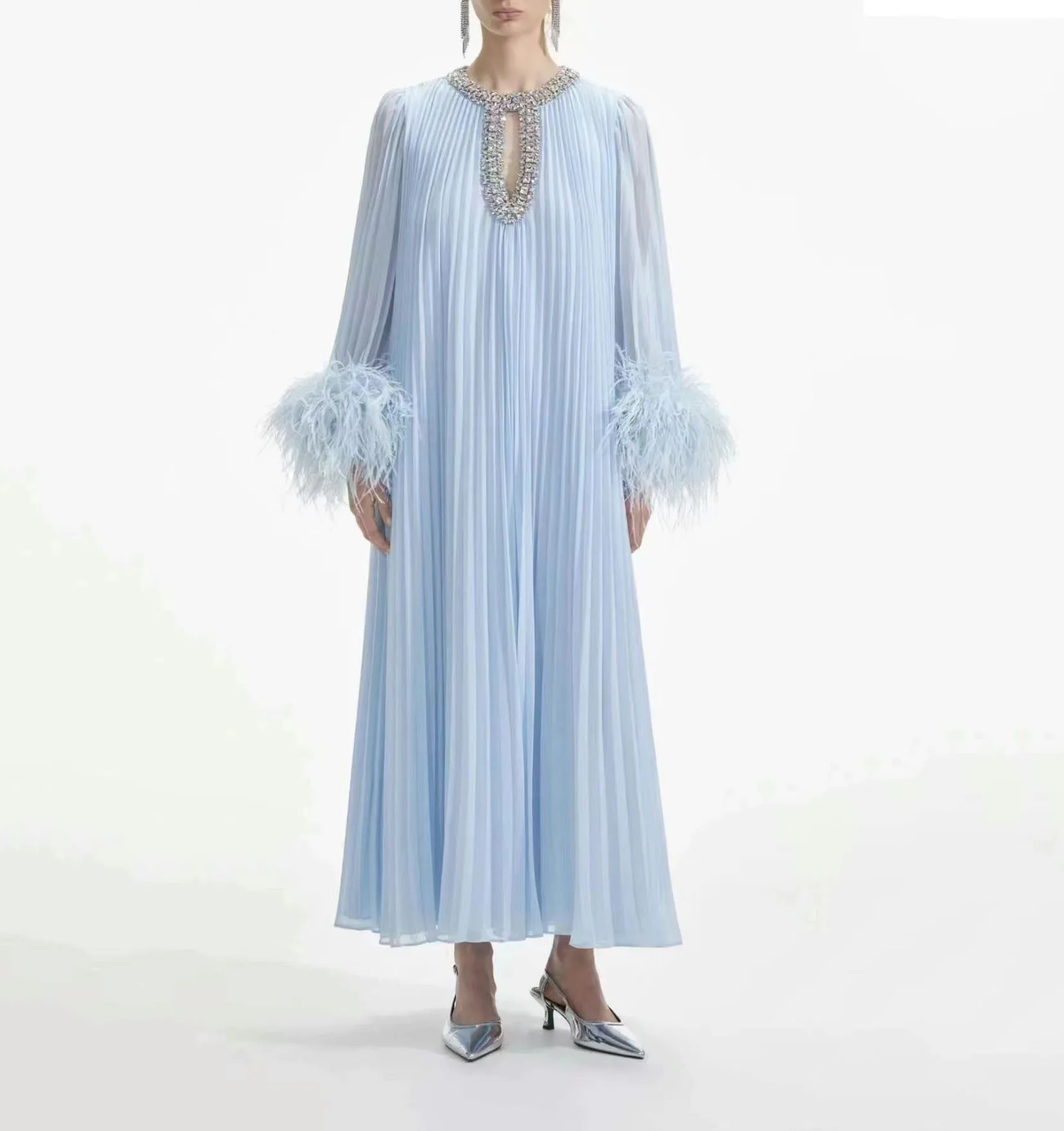 Luxury womens round crystal neck dress lady solid color big size clothes pleated skirt real fur cuffs long skirt